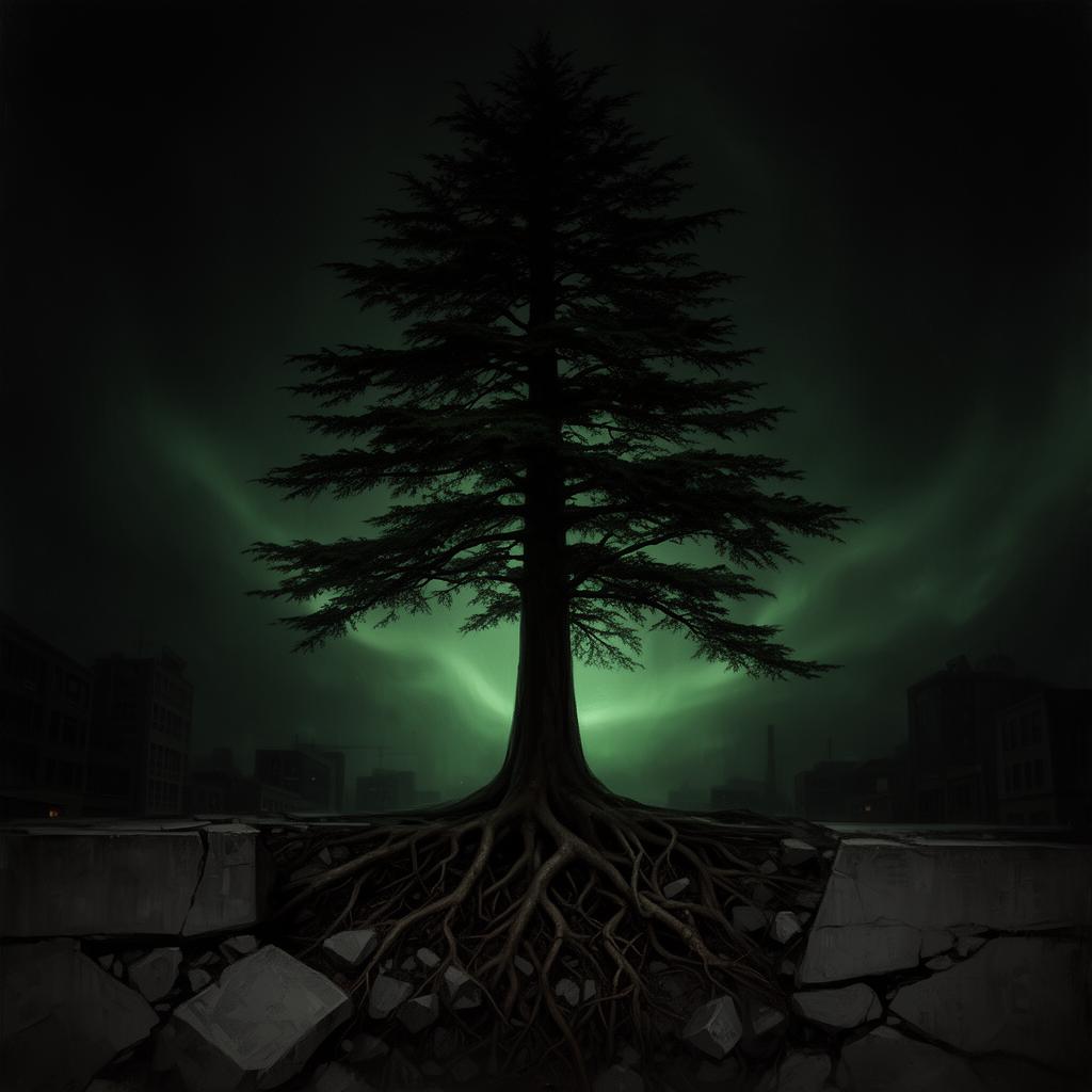 A cedar tree standing strong, breaking through concrete โ symbol of resilience and growth